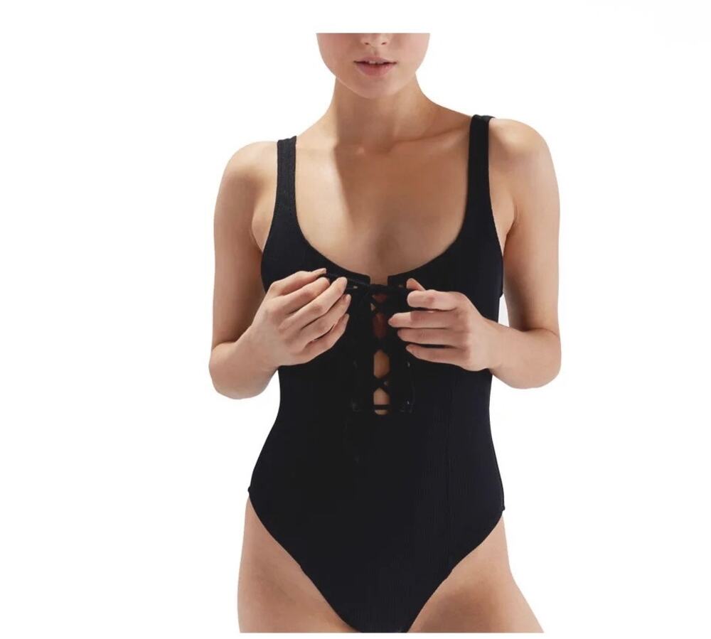 Staud X Solid and striped one piece swimsuit sz M black lace up bust